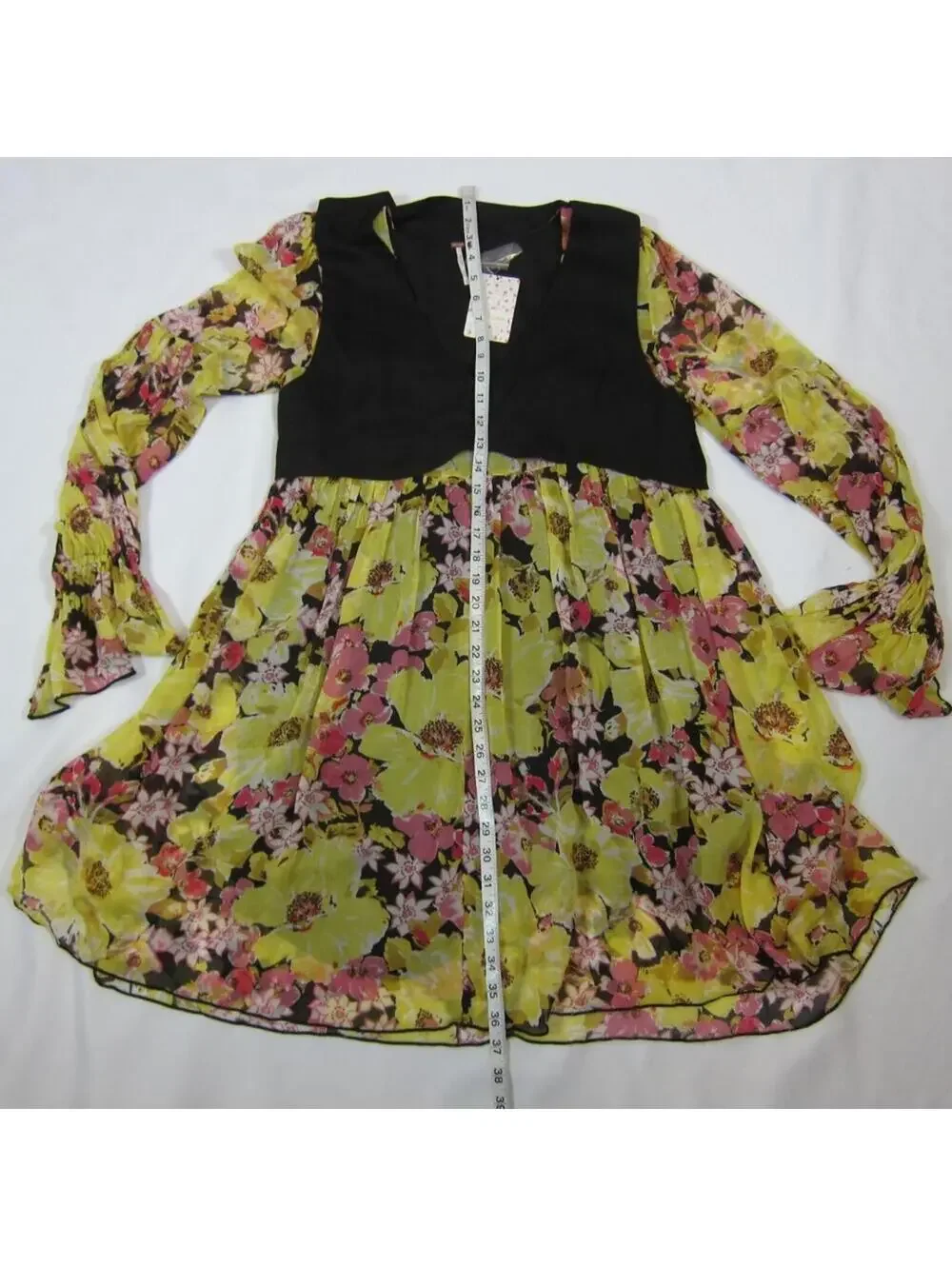 Free People Vested Mini Dress NWT Small Yellow Floral Bell Sleeves V-Neck NEW